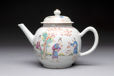Five Chinese famille rose 'mandarin subject' and floral design teapots, Qianlong
