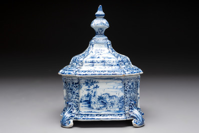 A blue and white Dutch Delft tobacco box and cover, dated 1768