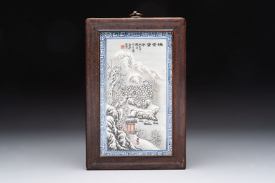 A Chinese blue and white vase, a jar, a famille rose cup and a plaque, signed He Xuren 何許人, 19th C.