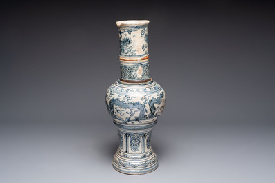 A large Annamese or Vietnamese blue and white inscribed two-piece altar vase, 16th C.