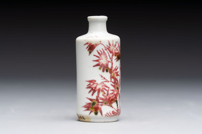 A Chinese copper-red and white 'bamboo' snuff bottle, Qianlong mark, 19th C.