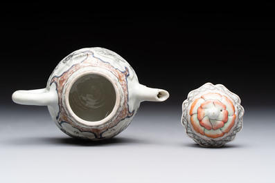A Chinese rose-grisaille molded teapot with floral design, Yongzheng/Qianlong