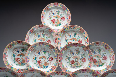 A set of 12 Chinese famille rose plates with squirrels among grapes and peonies, Qianlong