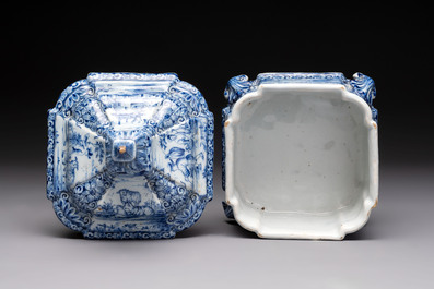 A blue and white Dutch Delft tobacco box and cover, dated 1768