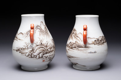 A pair of small Chinese grisaille 'hu' vases with winter landscapes, Qianlong and Tangying marks, Republic
