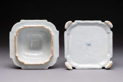 A blue and white Dutch Delft tobacco box and cover, dated 1768