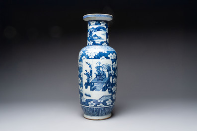 A Chinese blue and white vase, a jar, a famille rose cup and a plaque, signed He Xuren 何許人, 19th C.