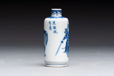 A Chinese blue and white 'Water Margin' snuff bottle, 19th C.