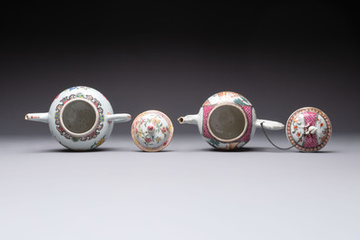 Five Chinese famille rose 'mandarin subject' and floral design teapots, Qianlong