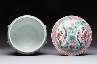 A Chinese famille rose 'kamcheng' bowl and cover and a blue and white 'chupu' bowl and cover for the Straits or Peranakan market, 19th C.