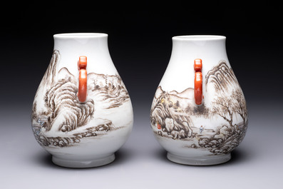 A pair of small Chinese grisaille 'hu' vases with winter landscapes, Qianlong and Tangying marks, Republic