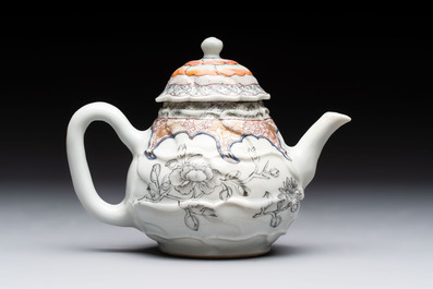 A Chinese rose-grisaille molded teapot with floral design, Yongzheng/Qianlong