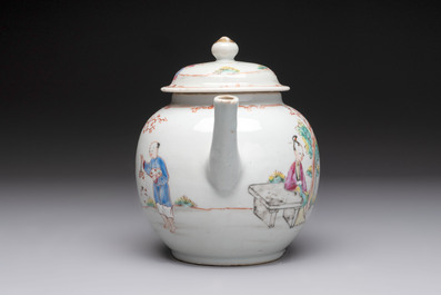 Five Chinese famille rose 'mandarin subject' and floral design teapots, Qianlong