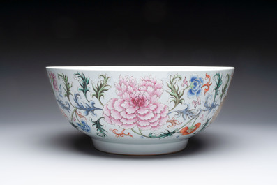 An unusual Chinese famille rose punch bowl with floral relief design, Qianlong