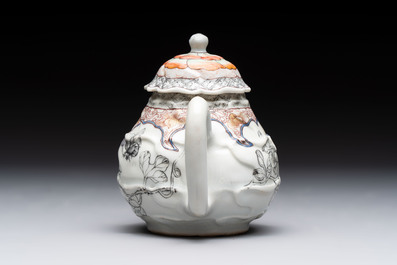A Chinese rose-grisaille molded teapot with floral design, Yongzheng/Qianlong