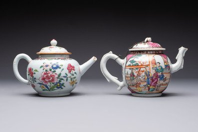 Five Chinese famille rose 'mandarin subject' and floral design teapots, Qianlong
