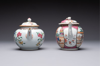 Five Chinese famille rose 'mandarin subject' and floral design teapots, Qianlong