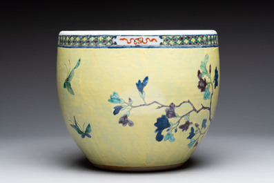 A Chinese famille rose yellow-ground 'pheasant and peony' scroll pot, 19th C.