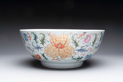 An unusual Chinese famille rose punch bowl with floral relief design, Qianlong