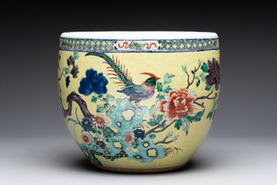 A Chinese famille rose yellow-ground 'pheasant and peony' scroll pot, 19th C.