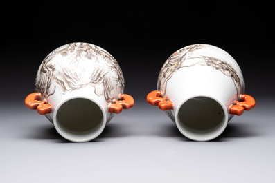 A pair of small Chinese grisaille 'hu' vases with winter landscapes, Qianlong and Tangying marks, Republic
