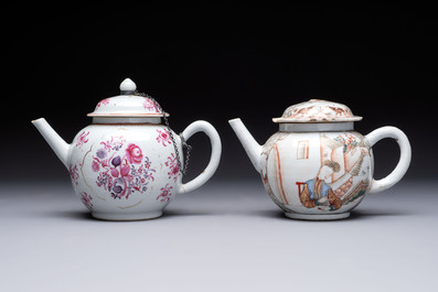 Five Chinese famille rose 'mandarin subject' and floral design teapots, Qianlong