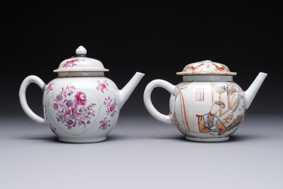 Five Chinese famille rose 'mandarin subject' and floral design teapots, Qianlong