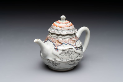 A Chinese rose-grisaille molded teapot with floral design, Yongzheng/Qianlong