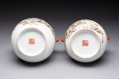 A pair of small Chinese grisaille 'hu' vases with winter landscapes, Qianlong and Tangying marks, Republic