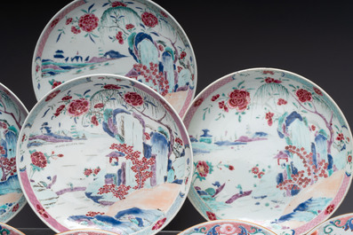 Four Chinese famille rose 'riverscape' plates and five 'flower basket' plates, Qianlong