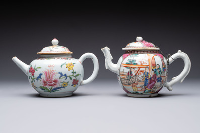 Five Chinese famille rose 'mandarin subject' and floral design teapots, Qianlong