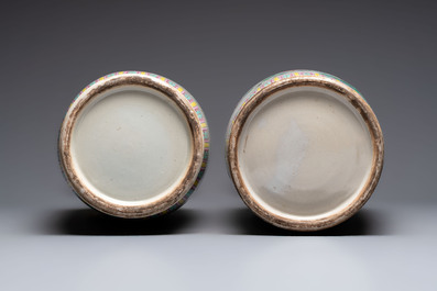 A pair of Chinese famille rose 'rooster' vases, 19/20th C.