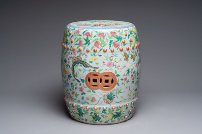 A Chinese famille rose celadon-ground garden seat, 19th C.