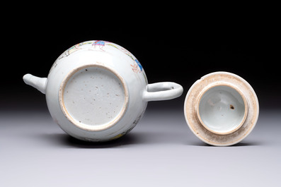 Five Chinese famille rose 'mandarin subject' and floral design teapots, Qianlong