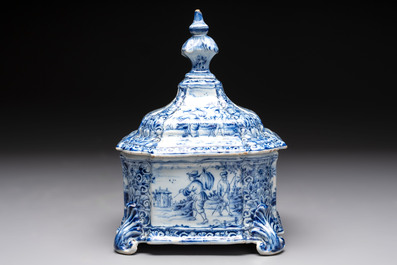 A blue and white Dutch Delft tobacco box and cover, dated 1768
