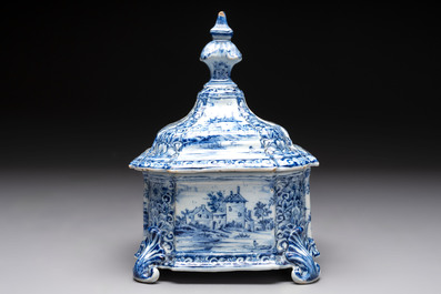 A blue and white Dutch Delft tobacco box and cover, dated 1768
