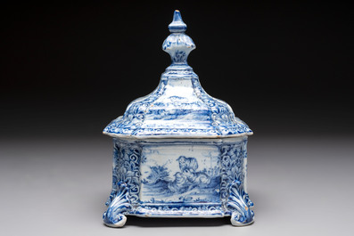 A blue and white Dutch Delft tobacco box and cover, dated 1768