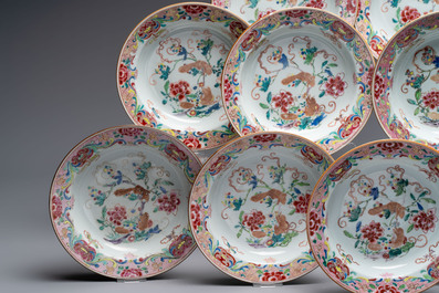 A set of 12 Chinese famille rose plates with squirrels among grapes and peonies, Qianlong