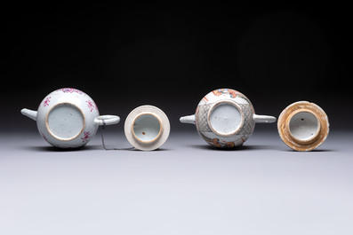 Five Chinese famille rose 'mandarin subject' and floral design teapots, Qianlong