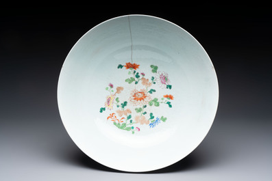 An unusual Chinese famille rose punch bowl with floral relief design, Qianlong