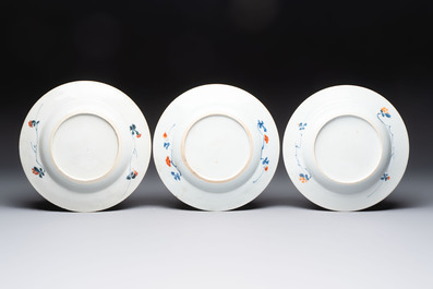 Three Chinese Imari-style plates with Western landscapes, Kangxi