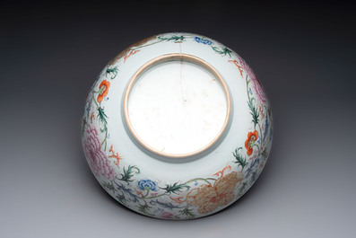 An unusual Chinese famille rose punch bowl with floral relief design, Qianlong