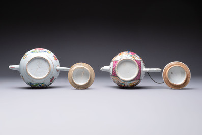 Five Chinese famille rose 'mandarin subject' and floral design teapots, Qianlong