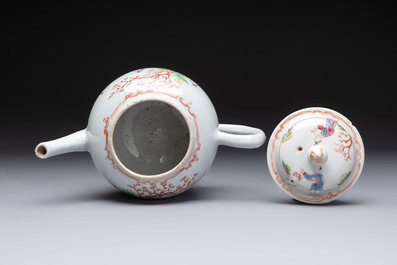 Five Chinese famille rose 'mandarin subject' and floral design teapots, Qianlong