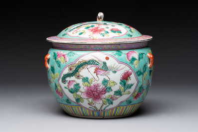 A Chinese famille rose 'kamcheng' bowl and cover and a blue and white 'chupu' bowl and cover for the Straits or Peranakan market, 19th C.