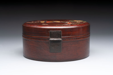 A Chinese hardstone and mother-of-pearl embellished huanghuali box, 19th C.