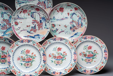 Four Chinese famille rose 'riverscape' plates and five 'flower basket' plates, Qianlong