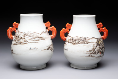 A pair of small Chinese grisaille 'hu' vases with winter landscapes, Qianlong and Tangying marks, Republic