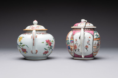 Five Chinese famille rose 'mandarin subject' and floral design teapots, Qianlong