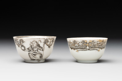 Two Chinese gilt-decorated grisaille cups and saucers for the European market, Qianlong